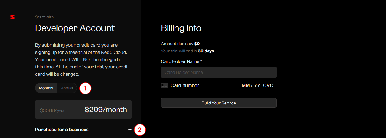Select billing plan and business account