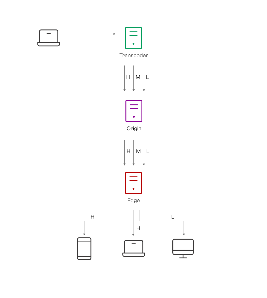 Figure 4: Overview of the system and the server connections when publishing a single stream with a transcoder.